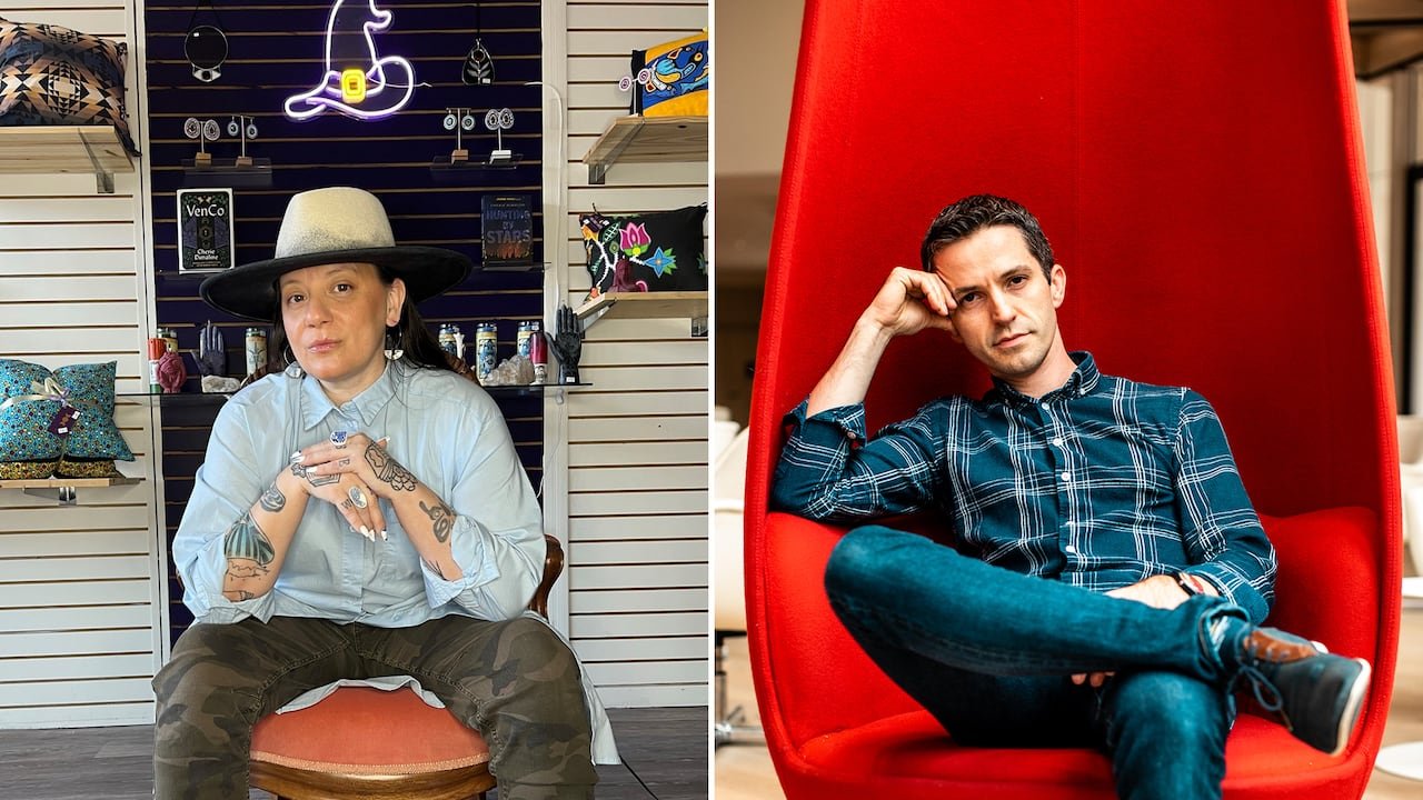 default-2169 A composite image featuring a woman in camoflage pants and a denim shirt under a neon witch hat, alongside a man in jeans and a button-down shirt seated on a red chair.