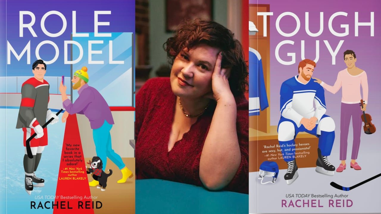 Left, an illustrated book cover with two men. Middle, a woman in a red shirt. Right, an illustrated book cover with two men.